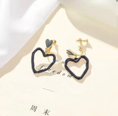 Clip on gold gray and blue hammered heart earrings