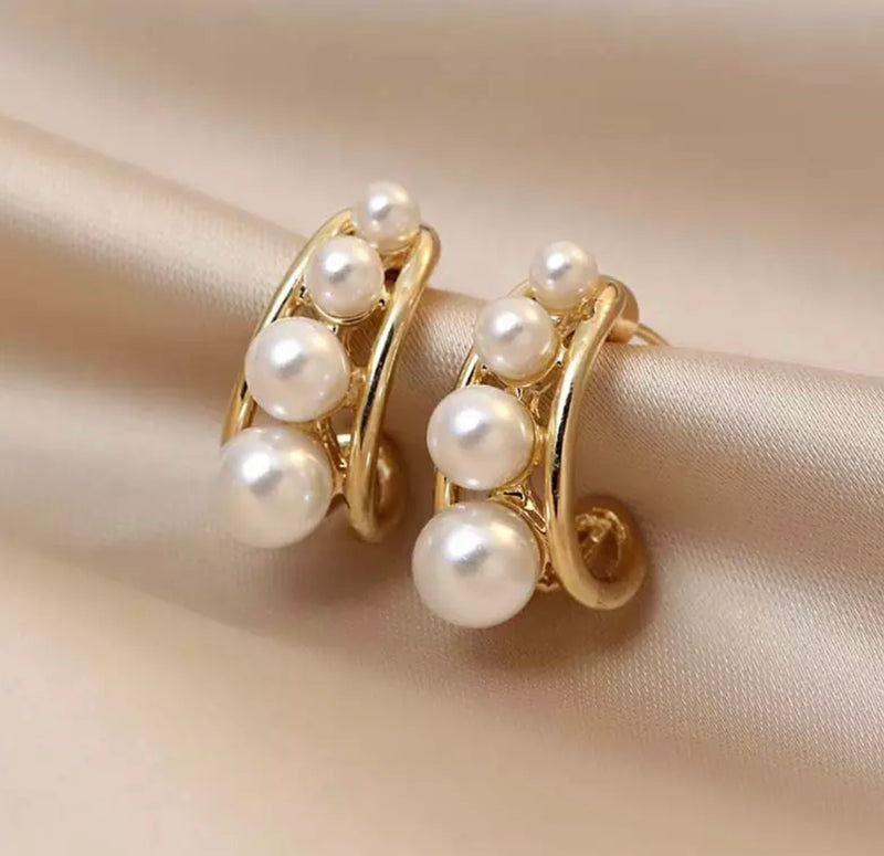 Clip on 3/4" small gold and pearl half hoop earrings