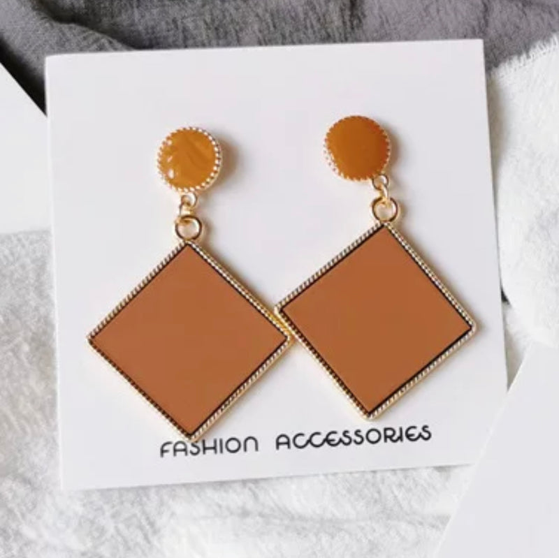 Clip on gold stone dangle square earrings