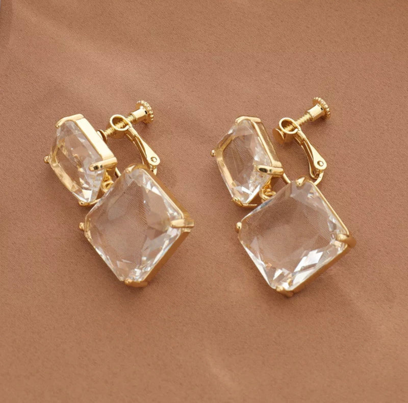 Clip on 1 1/2" gold prong double square tinted stone earrings