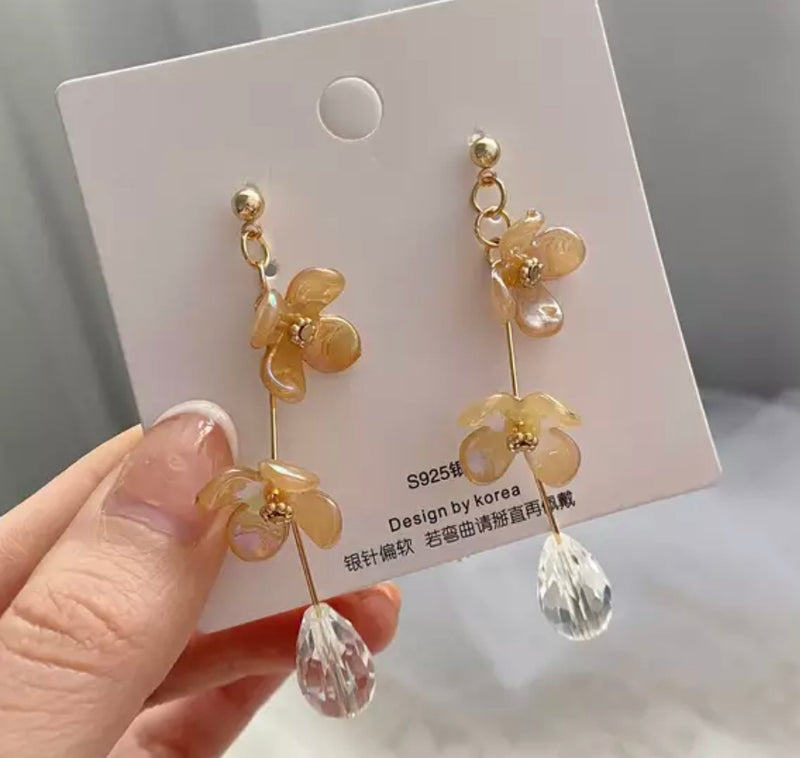 Clip on 3 1/2" gold and tan fluorescent flower earrings