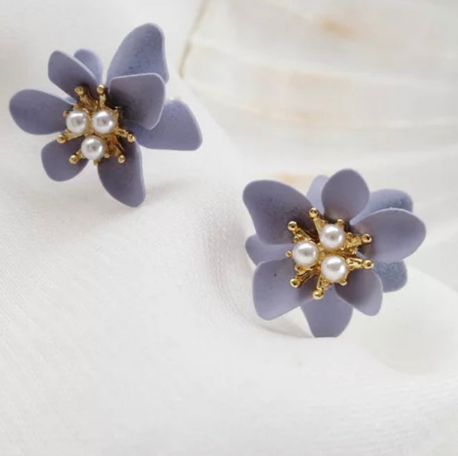 Clip on 1/2" Xsmall purple and pearl  flower earrings
