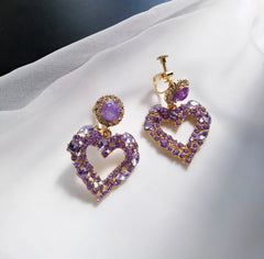 Vintage clip on gold and purple stone heart earrings