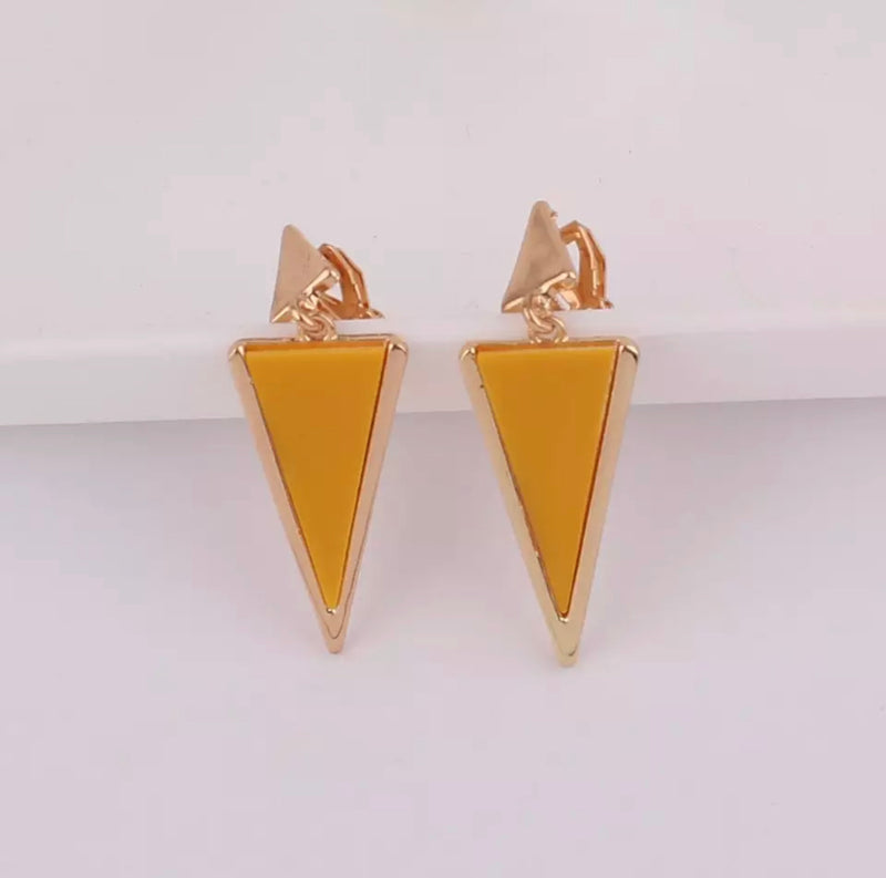 Trendy 2 1/4" clip on gold and yellow pointed dangle earrings