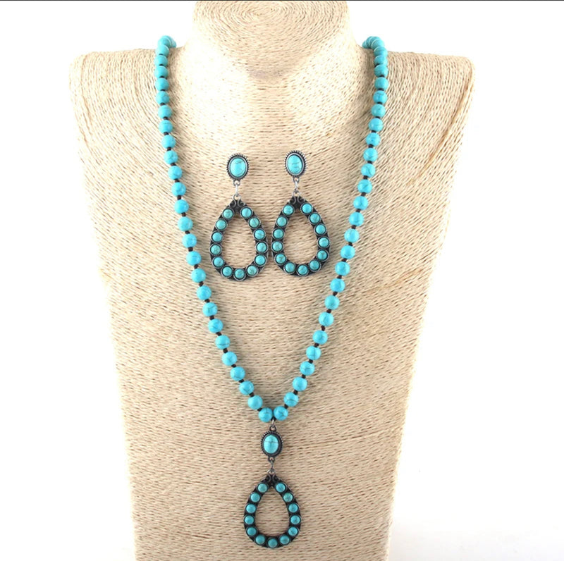 Western pierced long antique silver and turquoise bead teardrop necklace set