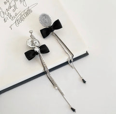 Clip on silver dancing lady black bow earrings w/chain & white pearl