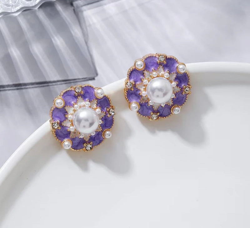 Clip on small 3/4" gold, white pearl and purple paint earrings