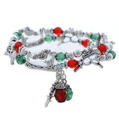 Silver stretch reindeer, sleigh bracelet w/red & green beads