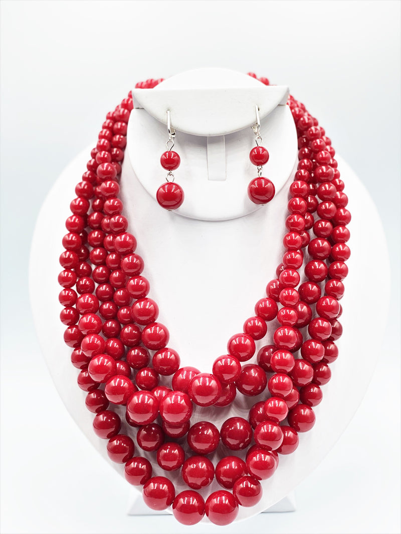 Clip on silver, red 5 strand beaded necklace set