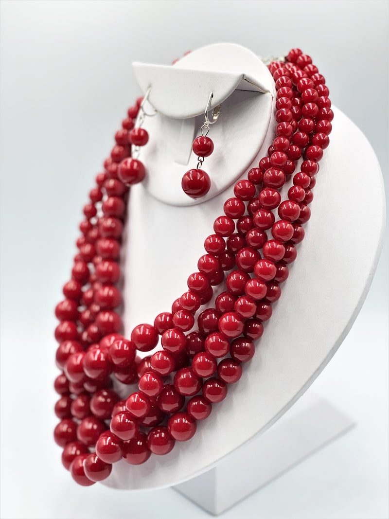 Clip on silver, red 5 strand beaded necklace and earring set