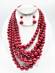 Clip on silver and shiny red five strand pearl necklace set