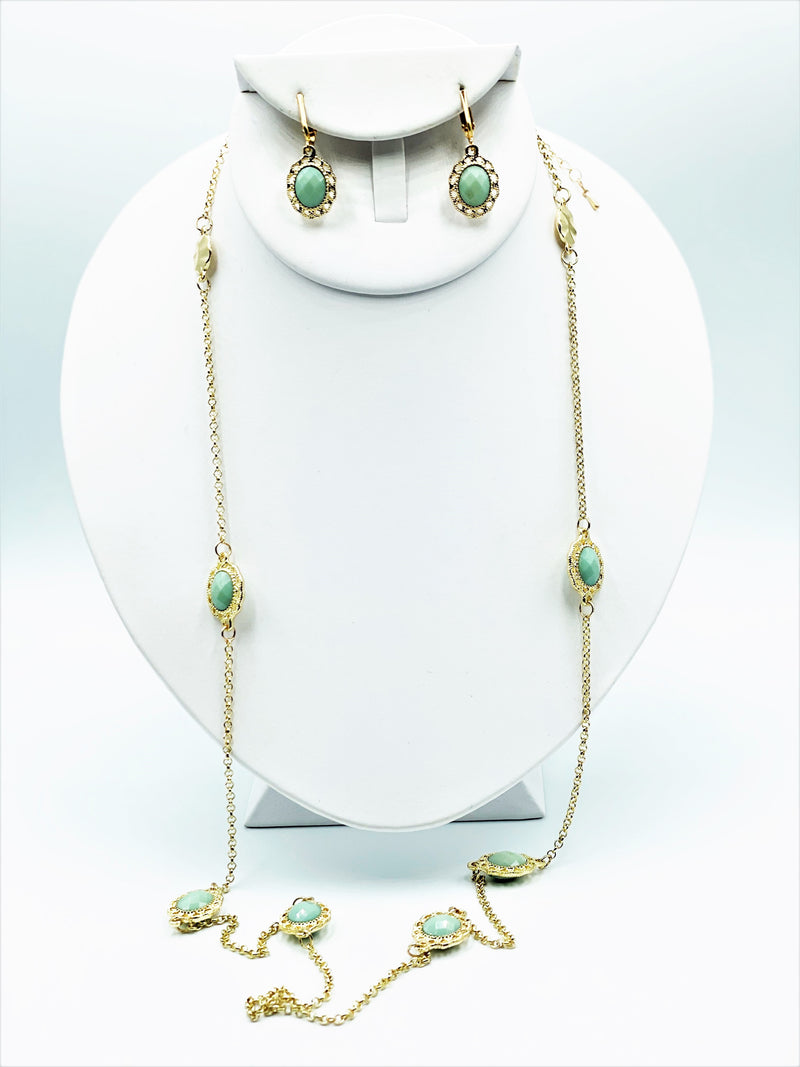 Clip on long silver chain green oval stone necklace and earring set