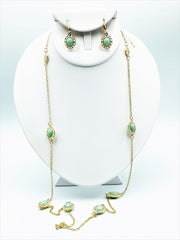 Clip on long silver chain green oval stone necklace and earring set