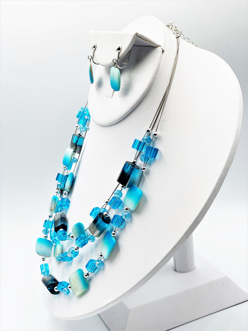 Clip on wire turquoise and white stone necklace set