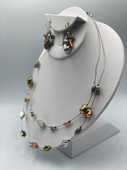 Silver, gold, rose wire beaded pierced necklace and earring set
