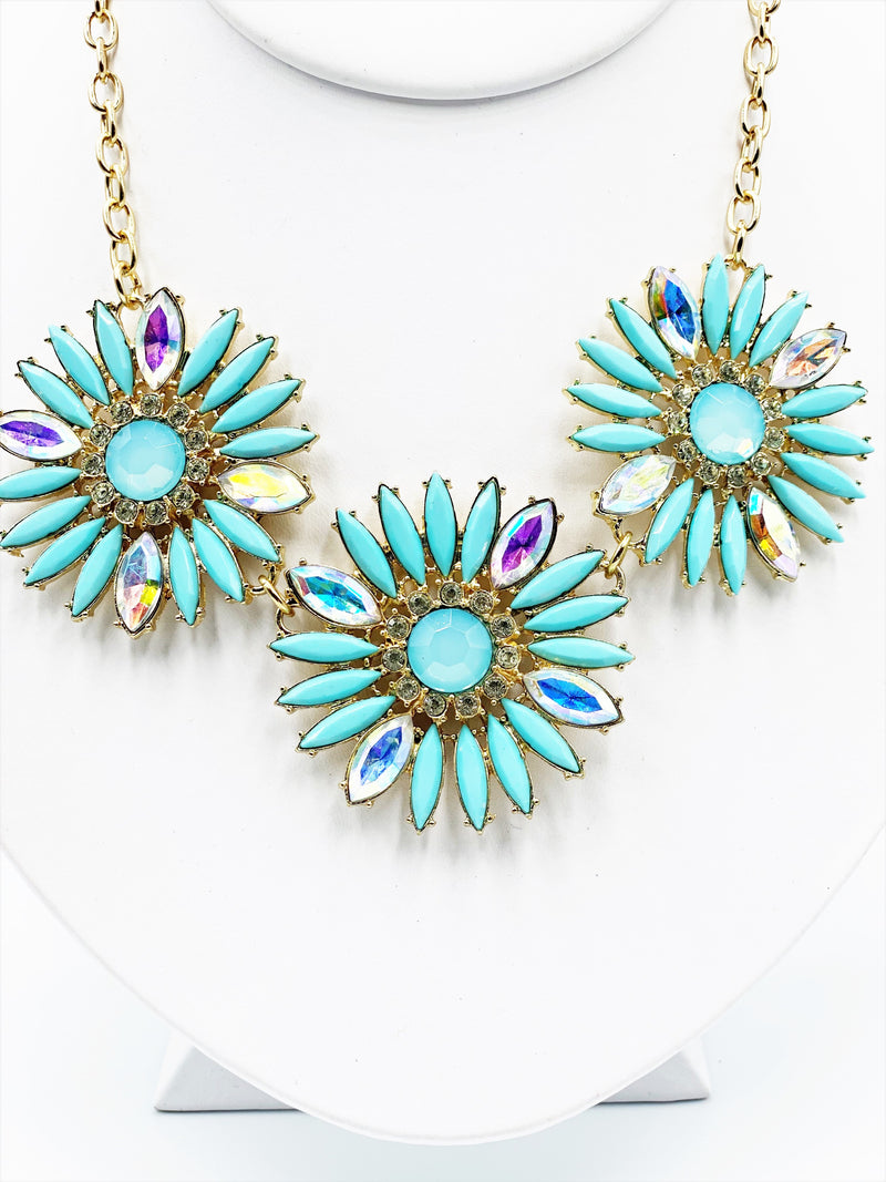 Clip on gold and turquoise, fluorescent, and clear stone flower necklace set