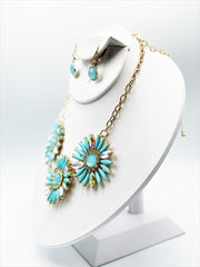 Clip on gold and turquoise, fluorescent, and clear stone flower necklace set
