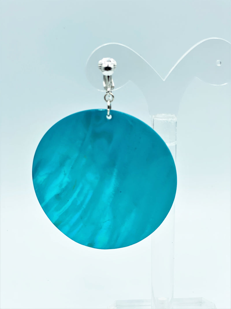 Clip on 3 1/4" silver and turquoise round shell dangle earrings