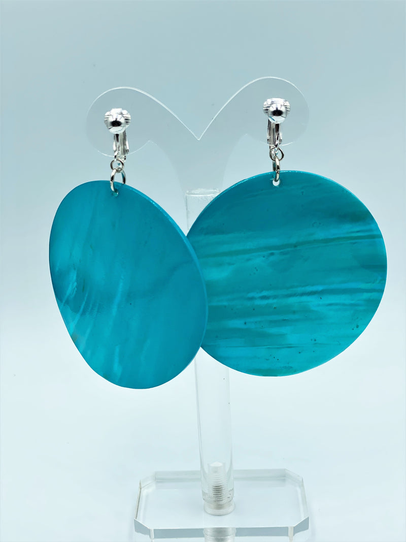 Clip on 3 1/4" silver and turquoise round shell dangle earrings