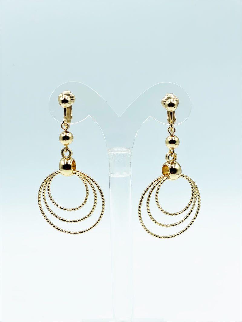 Clip on lightweight 2 1/2" textured gold bead multi hoop dangle earrings
