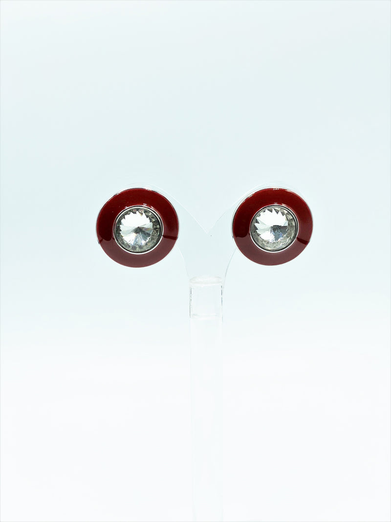 Clip on 1" silver and burgundy and clear stone round button style earrings