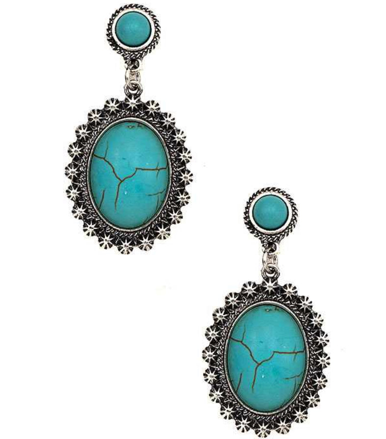 Clip on western silver and oval turquoise stone earrings