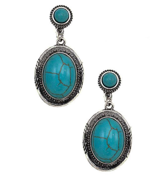 Clip on 1 3/4" western silver and turquoise stone oval earrings