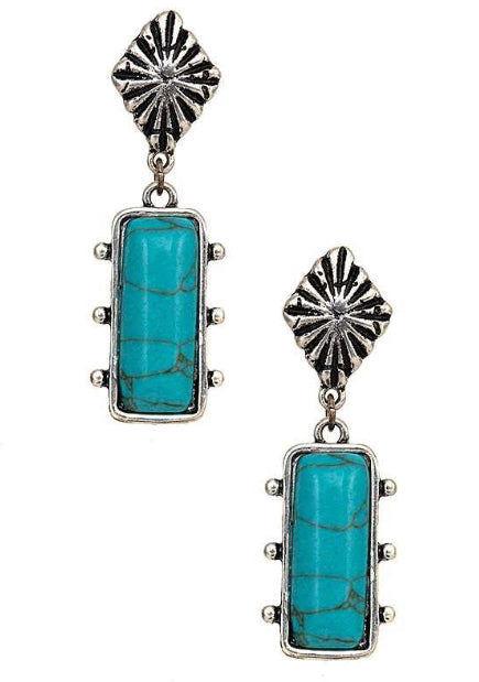 Clip on 2" western silver and turquoise stone bar earrings