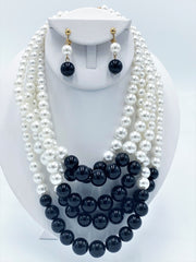 Classy clip on silver multi strand white pearl cluster necklace and earring set