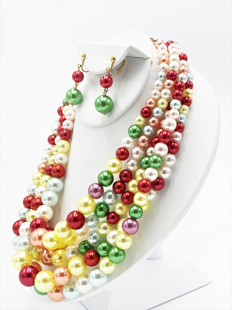 Beautiful clip on gold 5 strand red multi colored pearl necklace and earring set