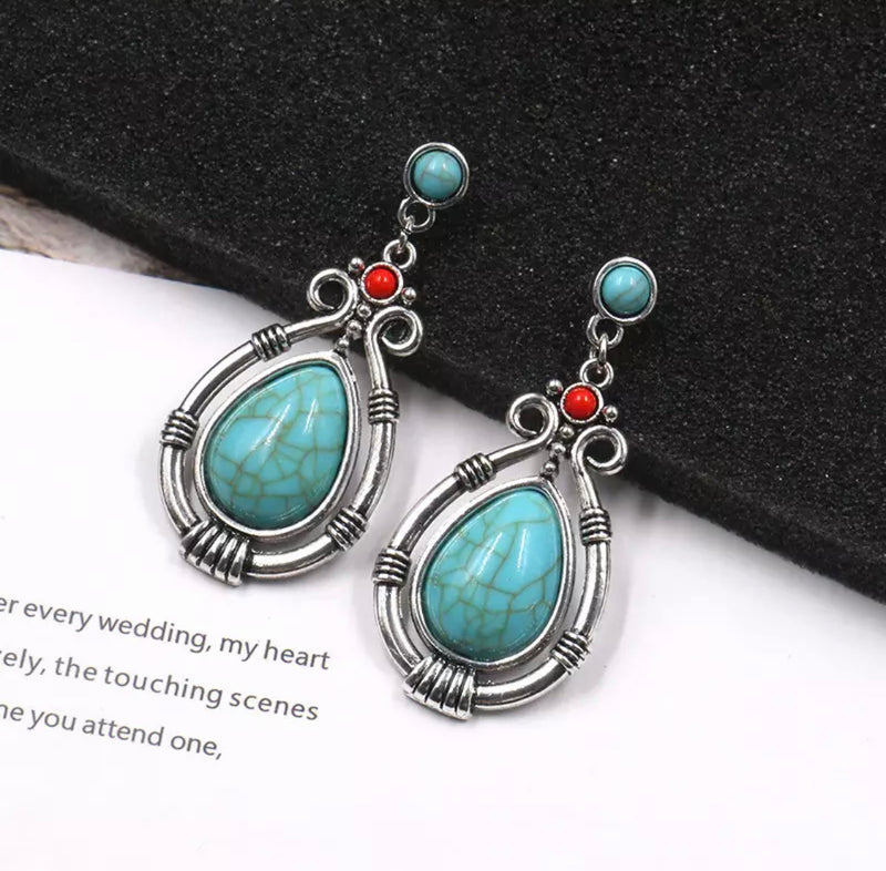 Western 2" pierced silver turquoise and red stone teardrop earrings