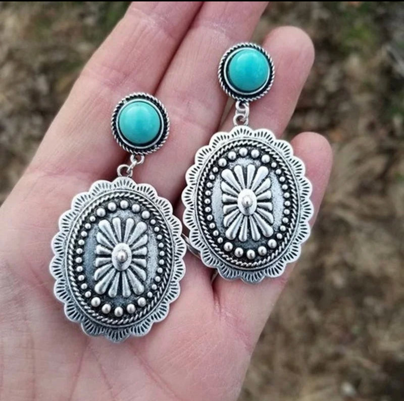 Western 1 3/4" SMALL silver and turquoise stone dangle pierced earrings