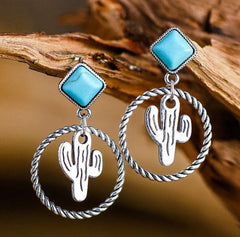 Western pierced silver turquoise stone cactus hoop earrings