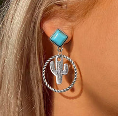 Western pierced silver turquoise stone cactus hoop earrings