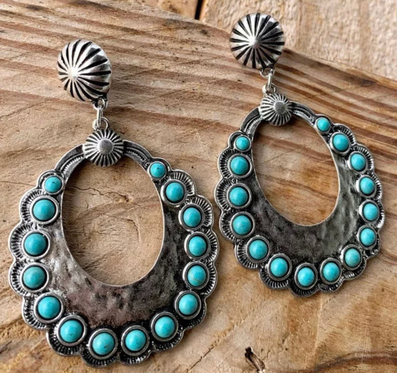 Western 2 3/4" pierced silver and turquoise stone wide teardrop earrings