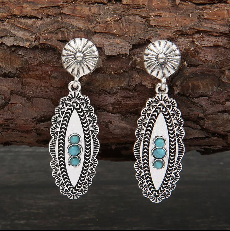 Pierced western 2 1/4" silver and turquoise stone long earrings