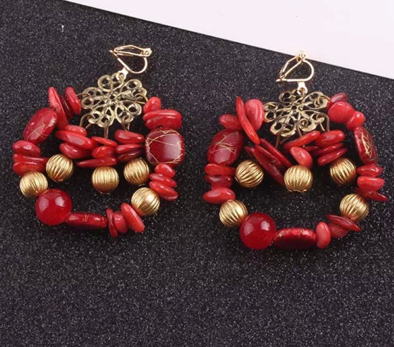 Clip on 2 1/2" brass red and gold dangle beaded earrings