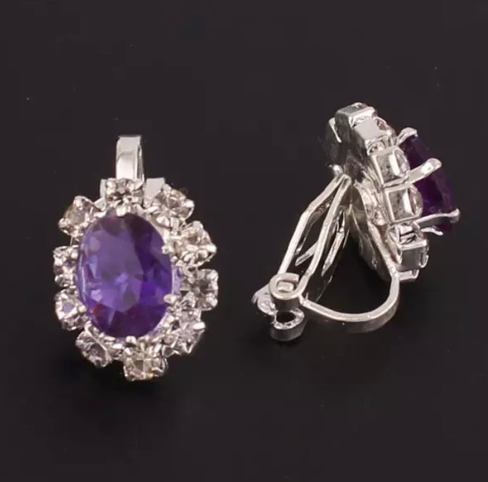 Clip on 1/2" small silver purple and clear stone oval earrings