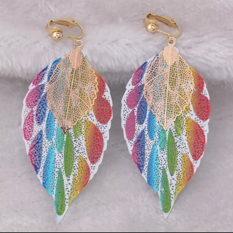 Clip on 3 3/4" long gold and green multi color double layer leaf earrings