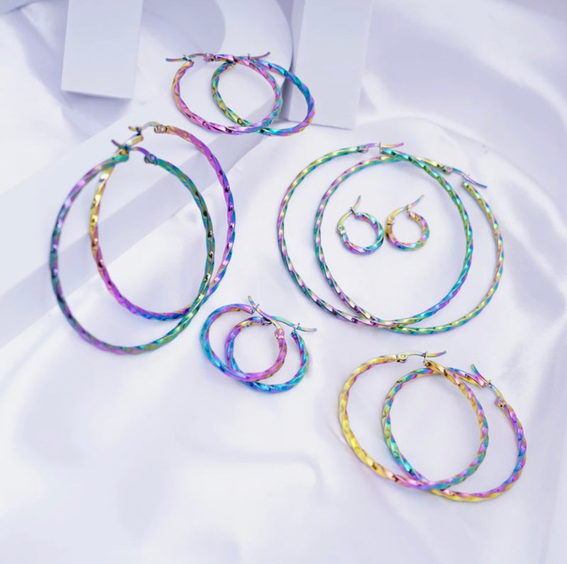 Pierced pink, blue, multi colored twisted hoop earrings (ONE PAIR)