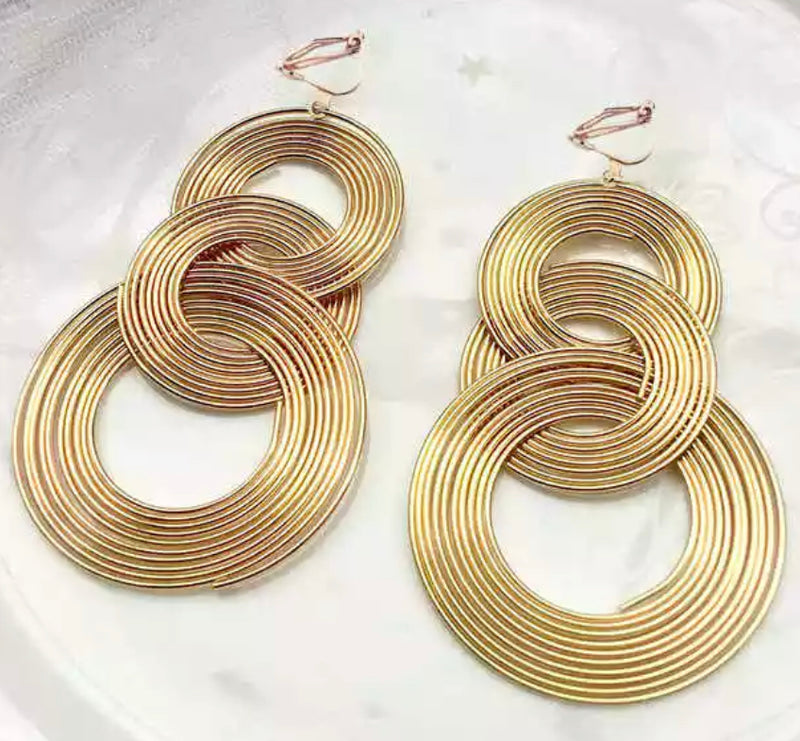 Clip on 3 1/2" gold or silver long gold wire spiral triple hoop earrings