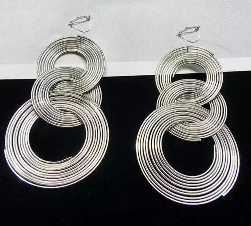 Clip on 3 1/2" gold or silver long gold wire spiral triple hoop earrings