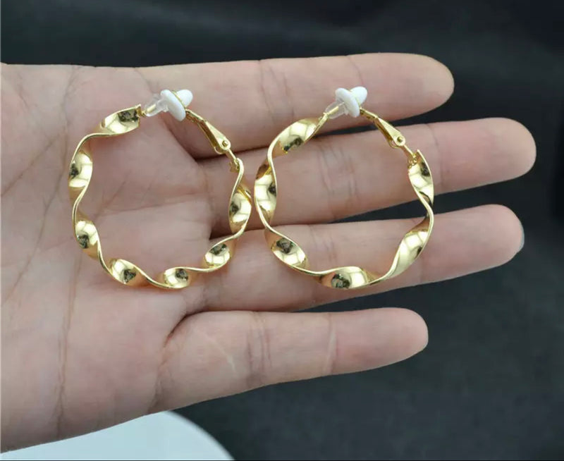 Unique 1 3/4" clip on silver or gold twisted hoop earrings