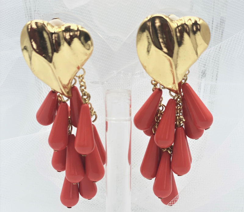 Clip on 3" gold wrinkled heart dangle coral teardrop cluster earrings
