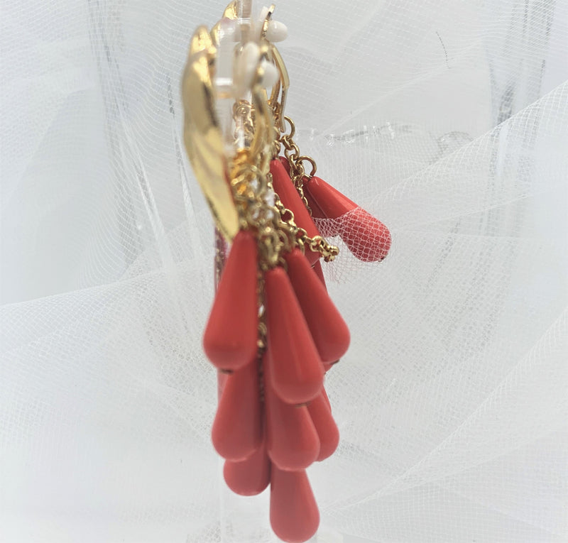 Clip on 3" gold wrinkled heart dangle coral teardrop cluster earrings