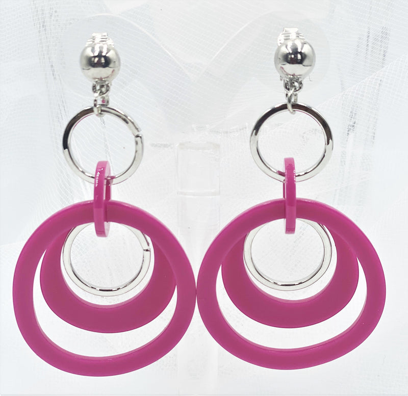 Clip on 3" silver and pink plastic multi hoop dangle earrings