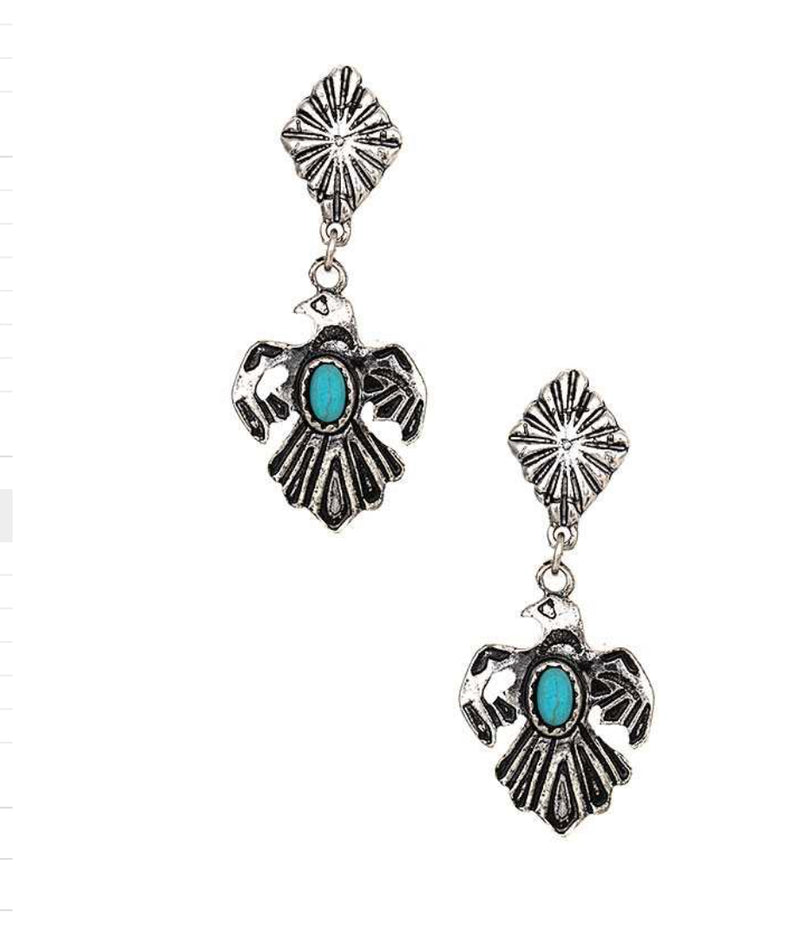 Clip on 1 3/4" western silver and turquoise stone eagle earrings