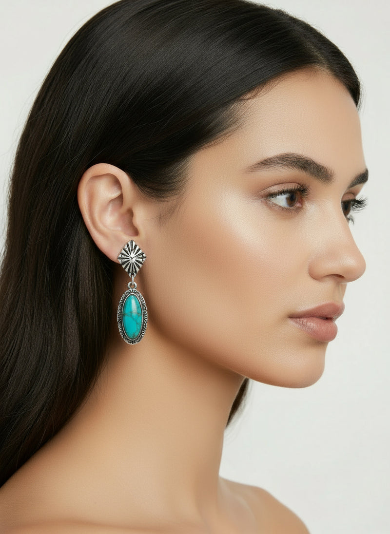 Western pierced 2" silver and turquoise stone hoop earrings