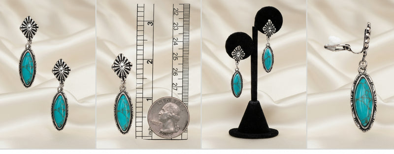 Clip on 2" western silver and turquoise stone pointed earrings