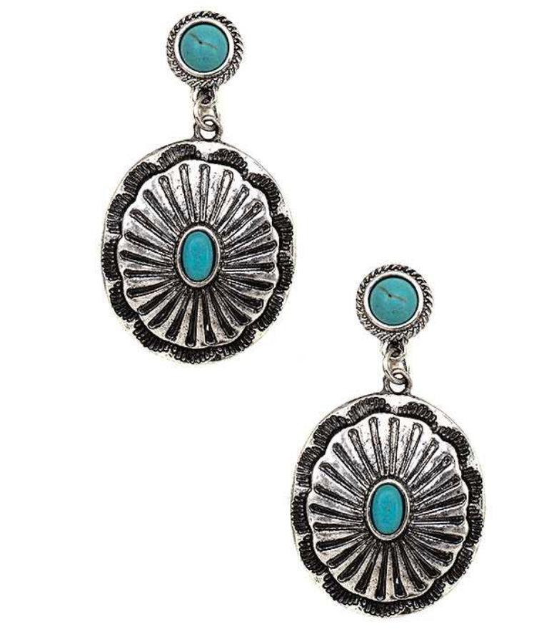 Clip on 1 3/4" western silver and small turquoise stone earrings
